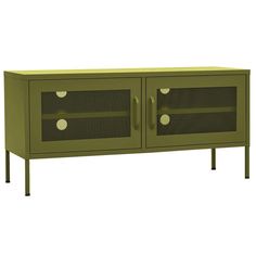 a green entertainment unit with two doors and three shelves on each side, in front of a white background