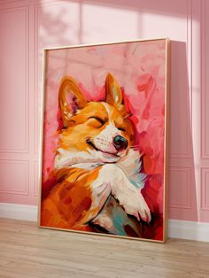 a painting of a corgi dog is on display in a room with pink walls