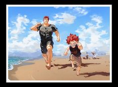 two anime characters running on the beach with blue sky and clouds in the back ground