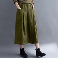 Season:Spring  Summer; Fabric:Cotton,Linen; Dress Length:Midi; Gender:Women's; Style:coastalgrandmastyle,Summer,Long,Casual,Basic; Occasion:Casual Daily,Daily,Street; Fit Type:Loose Fit; Pattern:Solid Colored; Design:Split Ends,Pocket; Pants Type:Linen Skirts,Long Skirt,A Line,Skirt; Front page:FF; Listing Date:02/13/2023; Production mode:External procurement; Hips:; Length:; Waist:; Fit US Size:null; Fit UK Size:null; Fit EU Size:null Casual Non-stretch Skirt With Pockets, Spring Non-stretch Buttoned Skirt, Non-stretch Buttoned Skirt For Spring, Spring Non-stretch Skirt With Buttons, Casual Non-stretch Skirt With Elastic Waistband, Casual Green Skirt For Fall, Casual Green Fall Skirt, Casual Khaki Maxi Skirt For Spring, Casual Green Skirt With Pockets