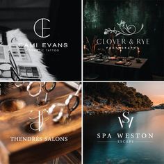 four different logos for spas, salons and hotels are shown in this collage