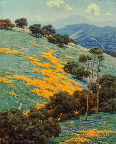 an oil painting of trees and flowers on a hill