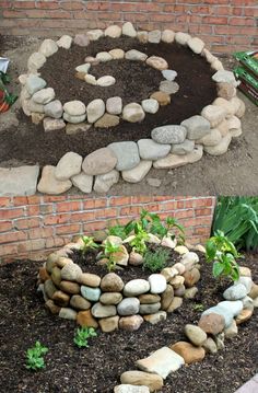 some rocks and plants in a garden bed