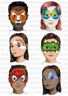 This listing is for a DIGITAL DOWNLOAD face painting design board. It is designed for face painters: simply print and display! This mini set A includes the 6 most popular face paint designs from the larger basic set A.  Please be aware: this is a DIGITAL DOWNLOAD, not a physical item. When you buy this listing, you will immediately be able to download the files. In the download, you will find the following: 1. An overview PDF with all 6 designs, optimized for printing at A3. 2. Zip files contain Face Paint Easy For Kids, Face Paint Board, Quick Face Paint, Face Paint Designs, Paint Board, Face Paint Kit, Instagram Username Ideas, Face Painting Easy, Kids Face Paint