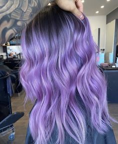 Pastel Purple Ombre Hair, Hair Dye Ideas Purple Lavender, Pastel Purple Hair Dark Roots, Purple Ash Balayage, Lavender Purple Hair Color, Purple To Lavender Ombre Hair, Light Purple Hair Balayage, Light Purple Hair Dark Roots, 2023 Vivid Hair Trends