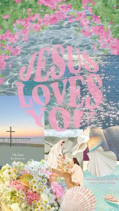 the collage has pink flowers and white parasols on it, along with words that read jesus loves you