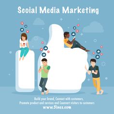 three people sitting on top of a giant white like sign with social media marketing above them