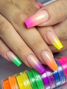 Gradation Nails, Neon Acrylic Nails, Multicolored Nails, Nail Tip Designs, Nail Salon Design, Types Of Nails