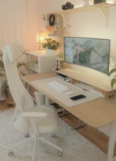 a desk with a computer monitor, keyboard and mouse sitting on top of it next to a potted plant