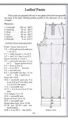 the pattern for ladies's pants is shown in this page, with instructions to make it