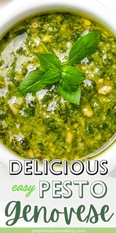 a white bowl filled with pesto and topped with fresh basil