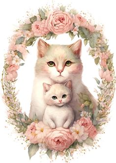 a cat and kitten sitting next to each other in a floral frame with roses around it