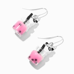 Create a sassy sip with these sensational drop earrings. The silver-tone drops have black and white pandas holding pink boba teas. Finish: Silver-tone Drop: 1.5 in. / 3.81 cm. Closure: Fish hook Material: Metal, Glass - Claire's Pink Boba Tea Panda 1.5" Drop Earrings Pink Boba Tea, Pink Boba, Homemade Gifts For Boyfriend, Crystal Healing Chart, Piercing Kit, Fun Crafts To Do, Fashionable Jewelry, Boba Tea, Custom Earrings