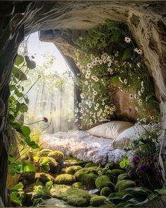 an image of a bedroom with moss growing on the walls and bed in the middle