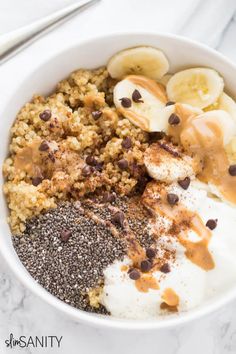 a bowl filled with cereal, bananas and chia seeds