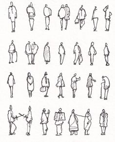 a drawing of people walking down the street in different poses and sizes, all drawn by hand