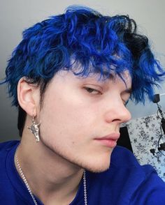 Short Curly Dyed Hair Men, Trans Haircut Ftm Short, Colorful Hair Men, Blue Mens Hair, Men’s Colored Hair, Blue Hair Color Men, Man Dyed Hair, Men Blue Hair, Mens Hair Dye Ideas Colour