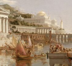 a painting of people on boats in the water near a bridge and building with columns