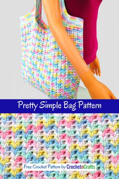 a crocheted bag is shown with the words pretty simple bag pattern on it