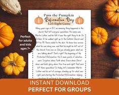 pumpkins and gourds on a table with the text instant printable for groups