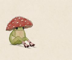 a drawing of a frog sitting on the ground with a mushroom on it's head