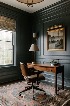 a desk with a lamp on top of it in front of a painting and window