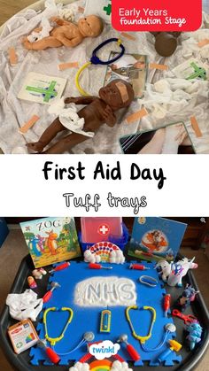 First Aid tuff trays eyfs Eyfs Jobs Topic, Nurse Eyfs Activities, Dentist Tuff Tray Eyfs, Jobs Eyfs Activities, Doctors Tuff Tray, Eyfs Topics Ideas, Doctor Tuff Tray Ideas, Under 2s Activities Eyfs