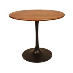 an oval wooden table with black metal base and wood top, on a white background