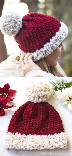 a woman wearing a red and white knitted hat with poinsettis on it