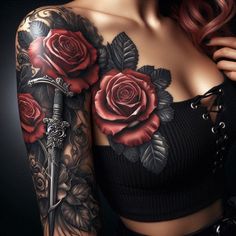 Painless Tattoo, Meaningful Wrist Tattoos, Skull Rose Tattoos, Rose Shoulder Tattoo, Rose Tattoos For Women, Beautiful Tattoos For Women, Perfect Tattoo, Tasteful Tattoos, Chest Tattoos For Women