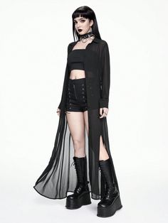 Black  Collar Long Sleeve Chiffon   Embellished Non-Stretch  Women Clothing Gothic Style Women, Gothic Beach Outfit, Goth Girl Fashion, Non Binary Outfits, Dark Feminine Style, October Outfits, Estilo Hip Hop, Chiffon Long Sleeve, Long Black Dress