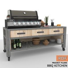 the bbq kitchen is made out of wood and metal