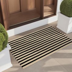 a black and white striped rug next to two potted plants