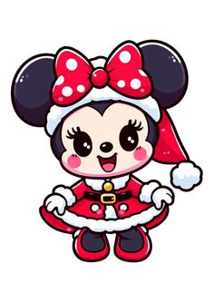 minnie mouse with red and white polka dots on her head, wearing a santa hat