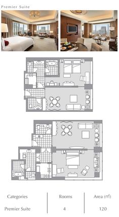 the floor plan for a hotel room with two separate rooms and one living area, which is