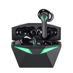 an in - ear headphones with green lights on the front and back sides, sitting next to each other