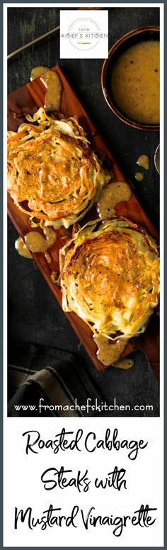 some food is sitting on a wooden tray