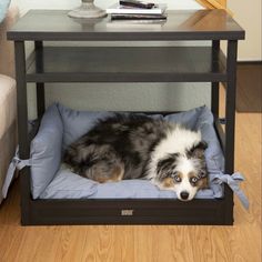 a dog is laying down in his bed on the floor next to a coffee table