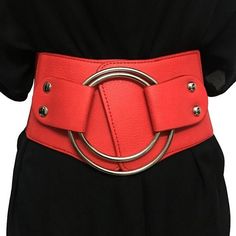 Fashion Elastic Wide Belt Strap Vintage Women Faux Leather Buckle Elastic Wide Belt Strap Solid Rock Style Outfits, Elastic Belt, Wide Waist, Big Rings, Leather Pattern, Wide Belt, Vintage Women, Leather Buckle, Belts For Women