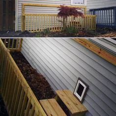 before and after pictures of a deck with railings, planter boxes, and tree