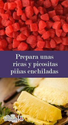 pineapples, bananas and other fruit on a cutting board with the words prepara unas rias y picostatass pinas encillas