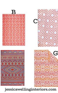 four different types of rugs with the names and colors in each one, which are red