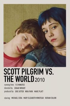 two young women laying next to each other in front of a poster for the movie, scott pilgrim vs the world 2010