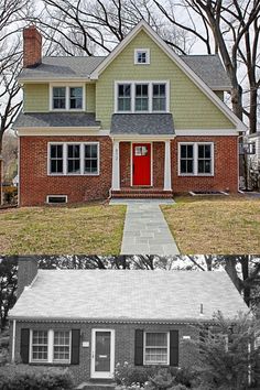 before and after photos of a brick house with red front door on the left side