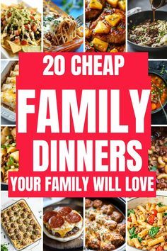 the cover of 20 cheap family dinners your family will love, with pictures of different dishes