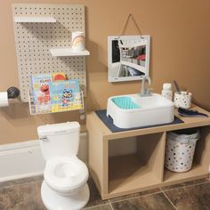 Toddler toilet, small shelf with sink, mirror Toddler Self Care Station, Zimmer Diy, Toddler Potty