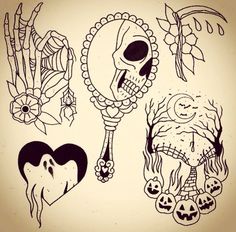 an image of halloween tattoos on a white background with black and white ink, including skulls