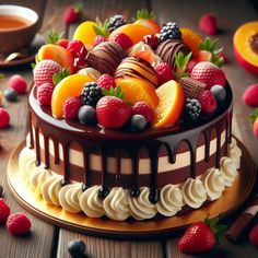 a chocolate cake topped with fruit on top of a wooden table