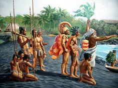 some people are standing in the sand and one is holding a spear while others stand around