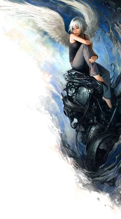 a painting of an angel sitting on top of a motorcycle